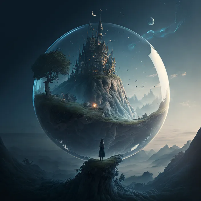 a man standing on top of a mountain next to a giant crystal ball