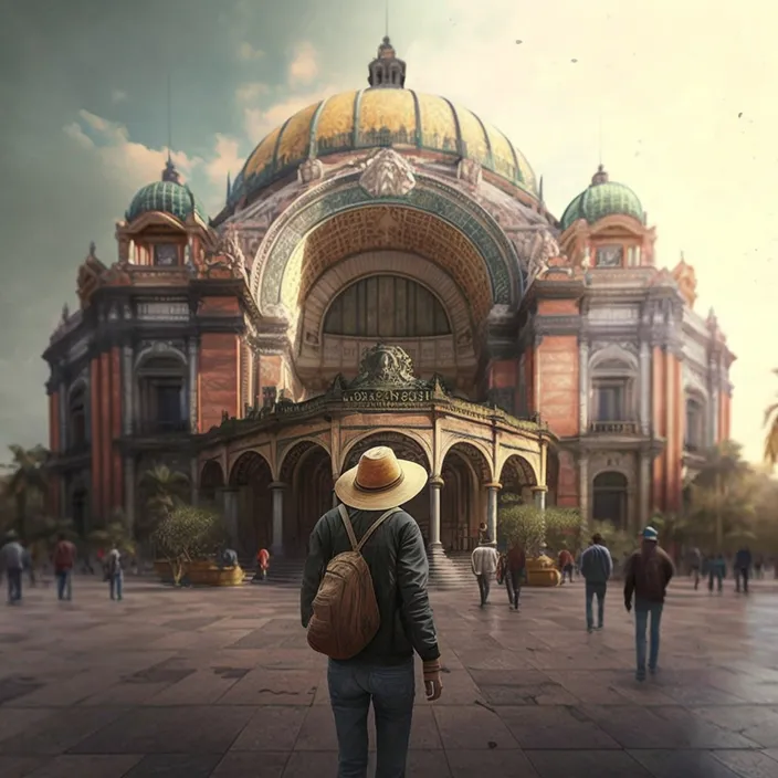 a man with a hat is walking in front of a building