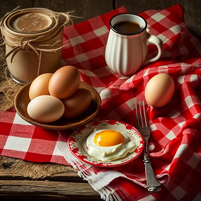 a table topped with a plate of eggs and a cup of coffee