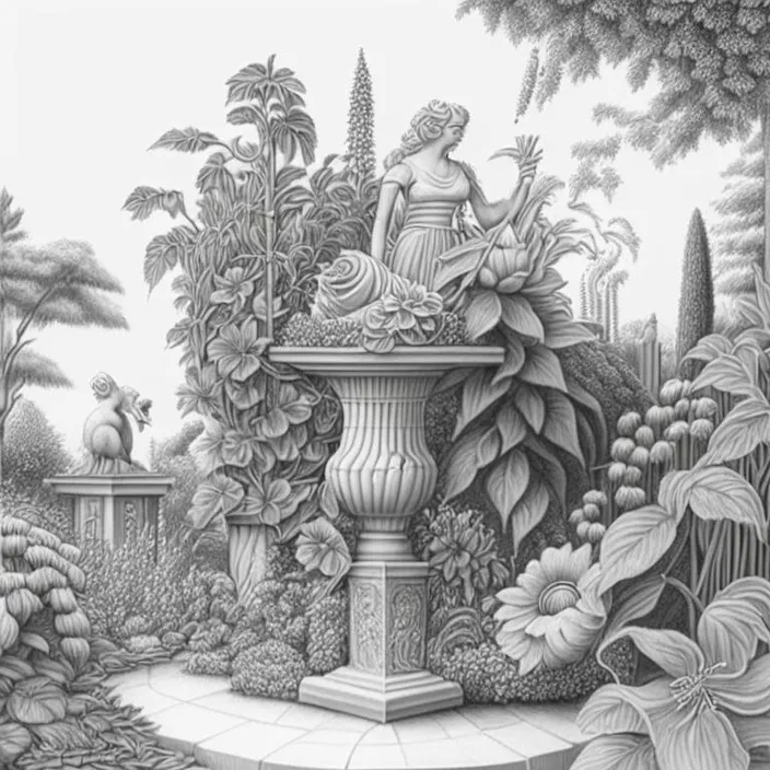 a black and white drawing of a garden