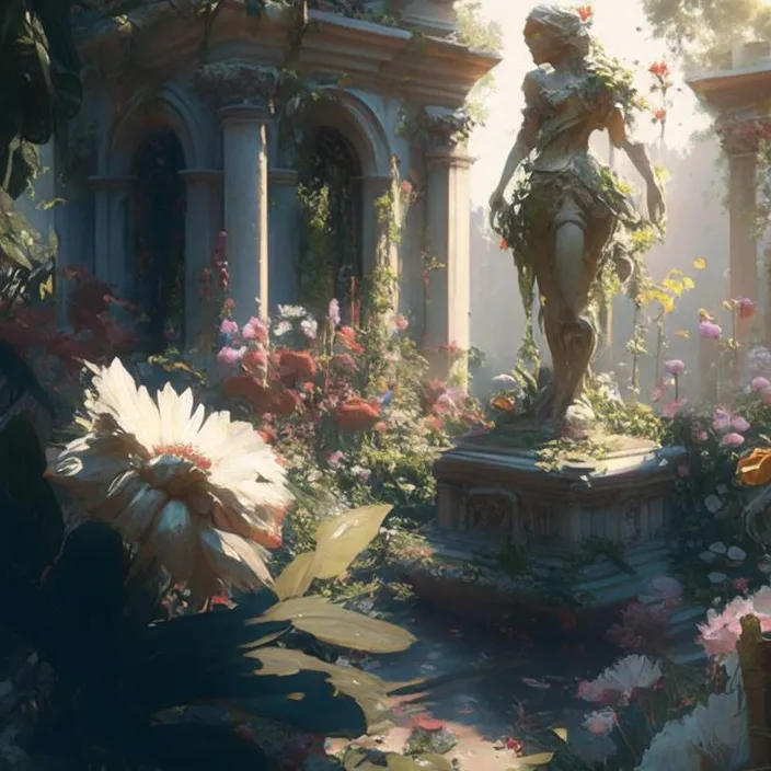 a statue of a woman surrounded by flowers