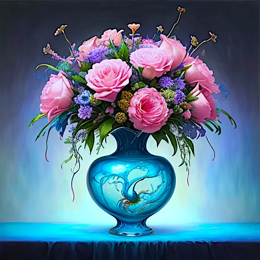 a painting of a blue vase filled with pink flowers