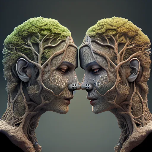 a couple of people with trees on their faces