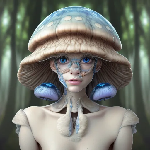 a woman with blue eyes and a large mushroom on her head