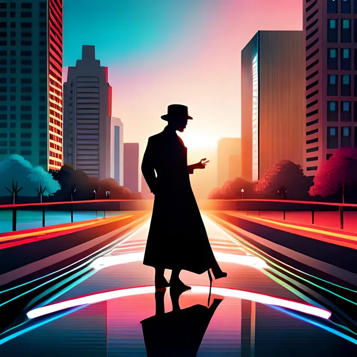 a man in a long coat and hat standing on a city street