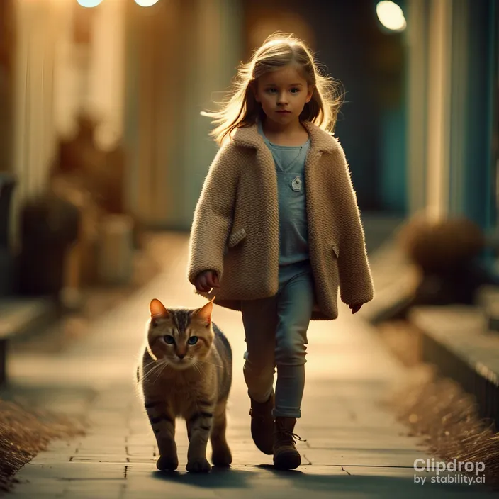 a little girl walking a cat down a sidewalk