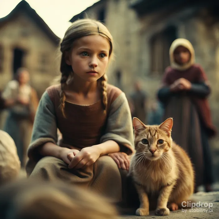 a little girl sitting on the ground next to a cat