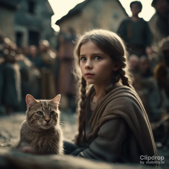 a girl sitting on the ground next to a cat