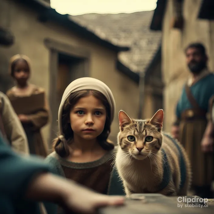 a cat sitting on top of a table next to a little girl