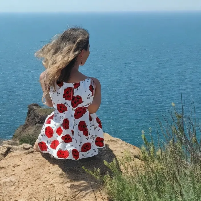 a little girl sitting on top of a cliff overlooking the ocean