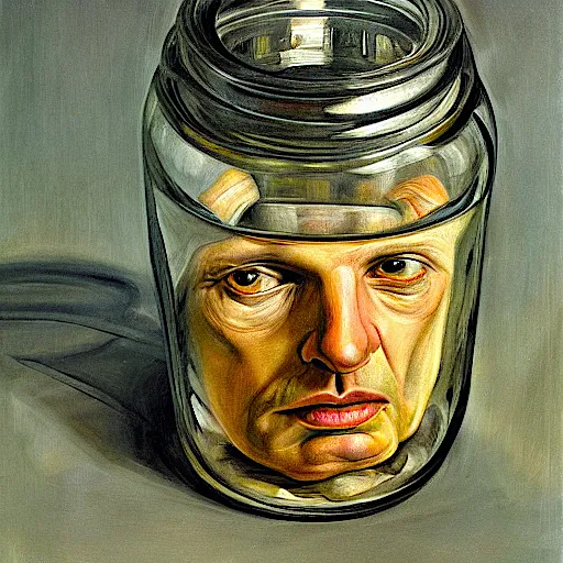 a painting of a man's face in a jar