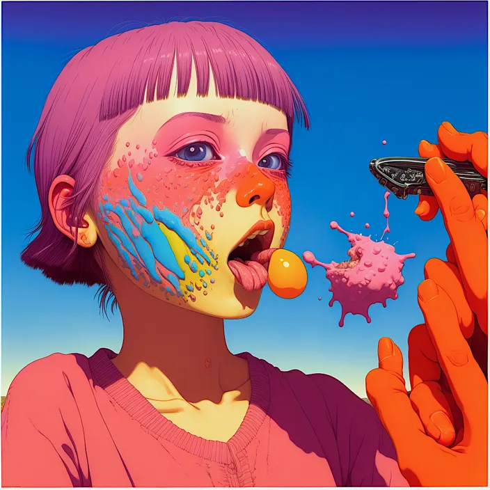 a girl with pink hair and blue eyes is eating a piece of fruit