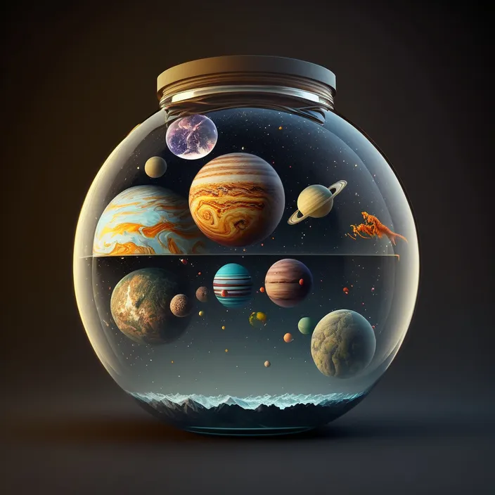 a glass jar filled with a variety of planets