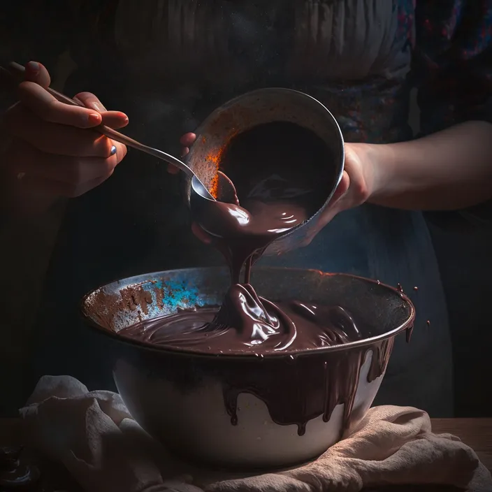 a person pouring chocolate into a large bowl