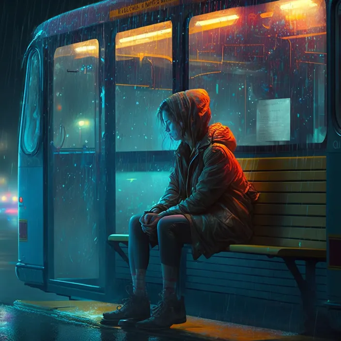 a person sitting on a bench in the rain