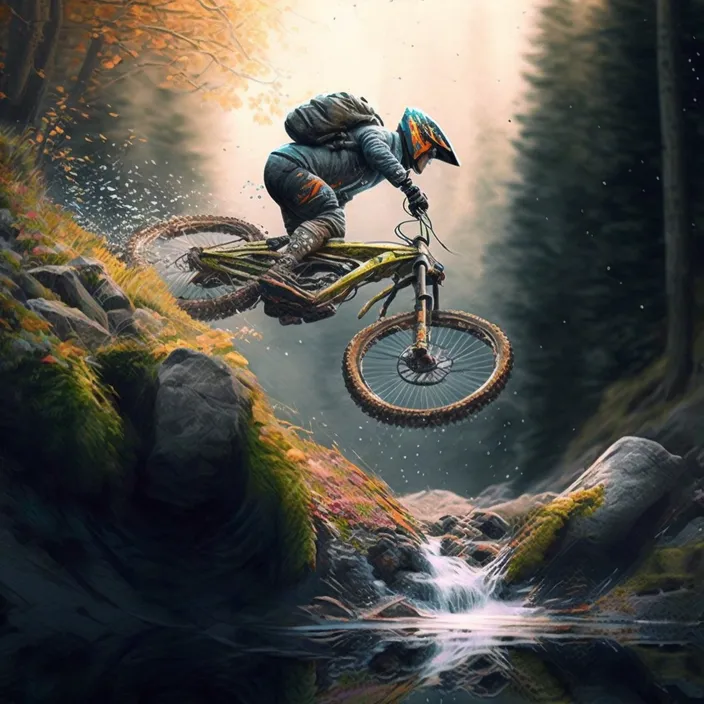 a painting of a man on a bike jumping over a stream