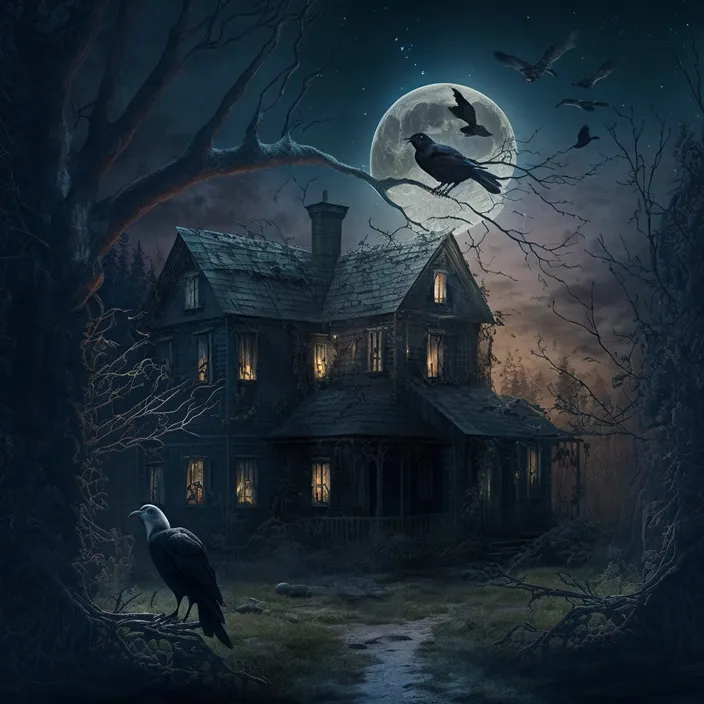 a creepy house with two crows on the roof and a full moon in the background