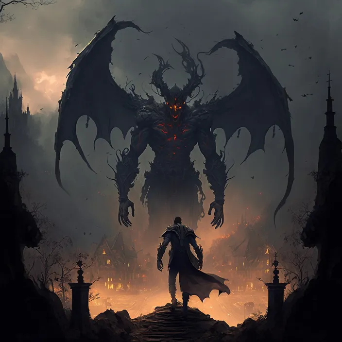 a man standing on top of a hill next to a giant demon