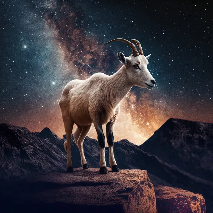 a goat standing on top of a mountain under a night sky