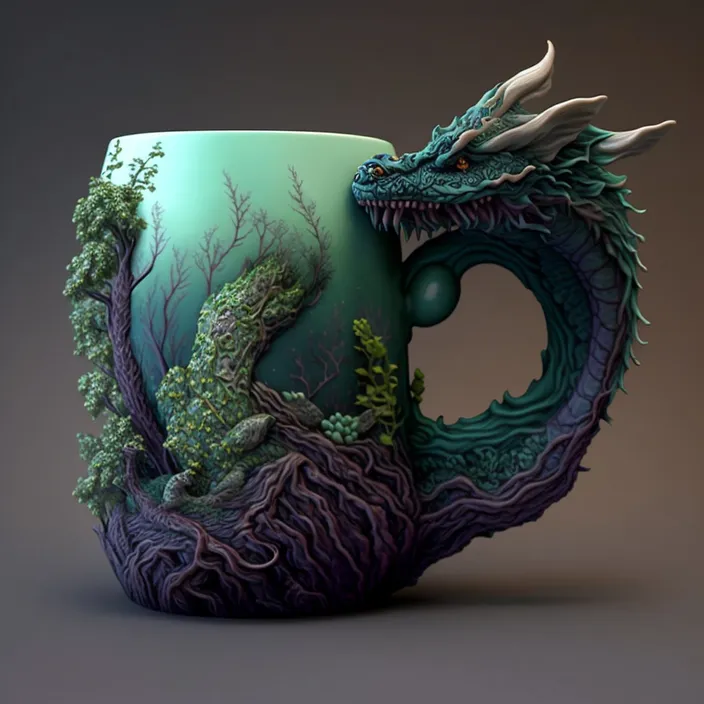 a green and purple coffee mug with a dragon on it