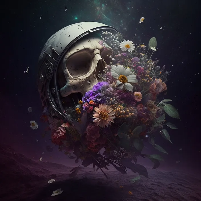 a skull sitting on top of a pile of flowers