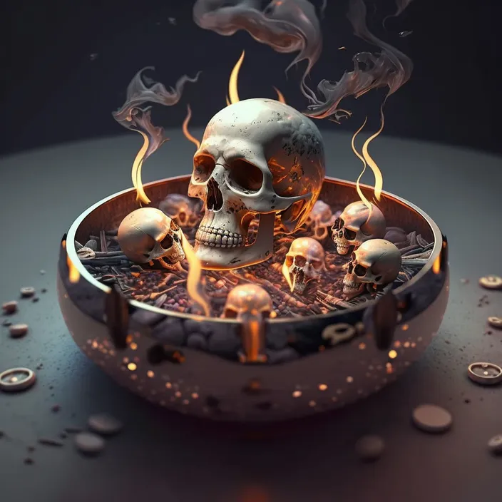 a skull sitting in a bowl filled with smoke