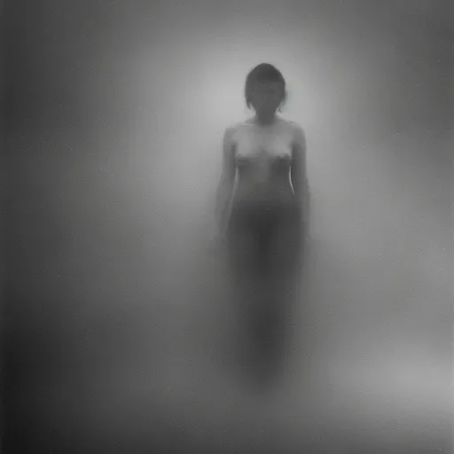 a woman standing in a foggy room