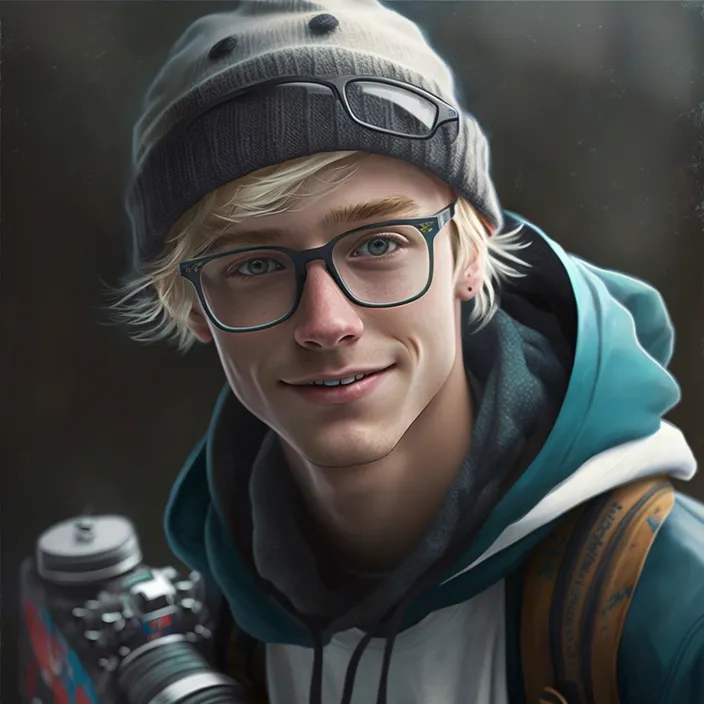 a man with glasses and a hat holding a camera