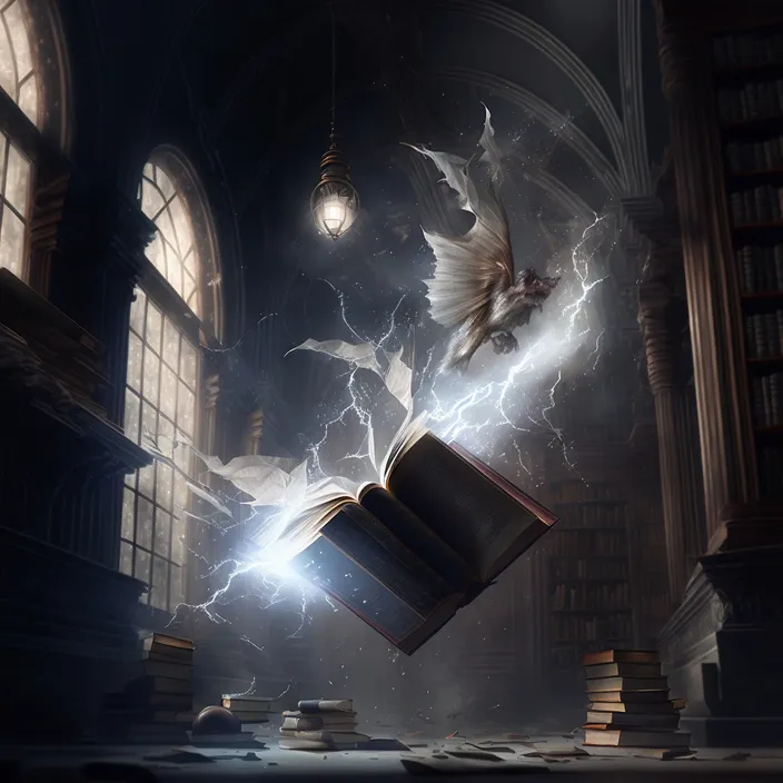 a bird flying over a book in a dark room