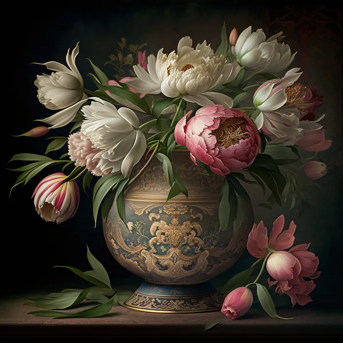 a painting of flowers in a vase on a table