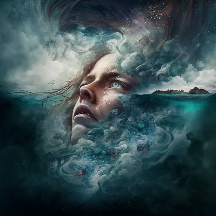 a painting of a woman floating in the ocean