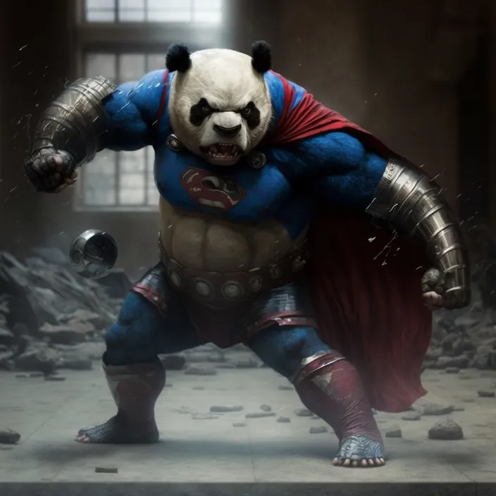 a panda bear dressed as superman in a room