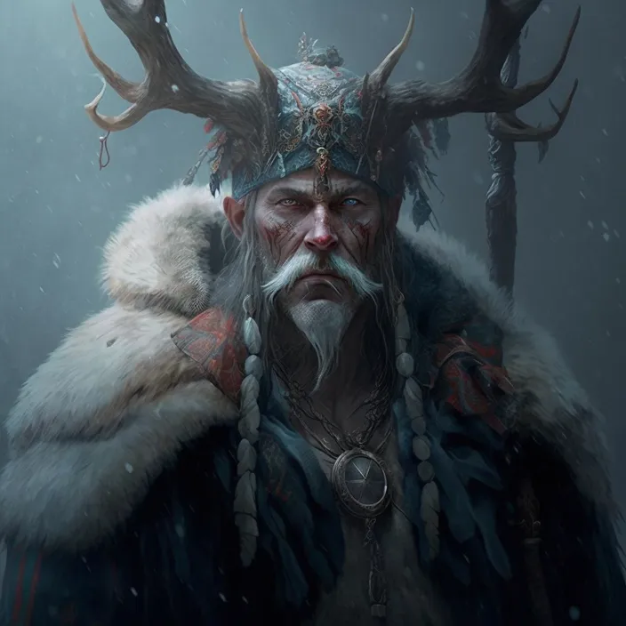 a man with horns and a beard wearing a fur coat