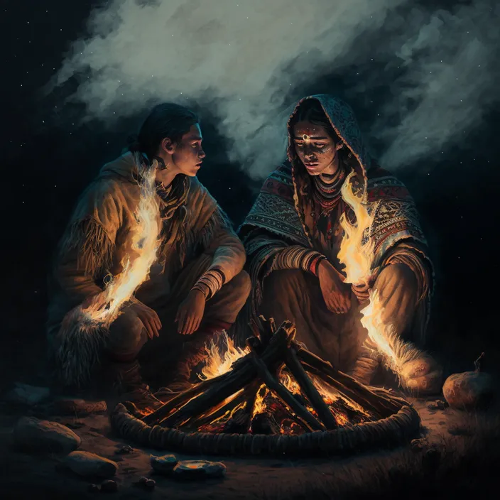 a painting of two people sitting next to a fire