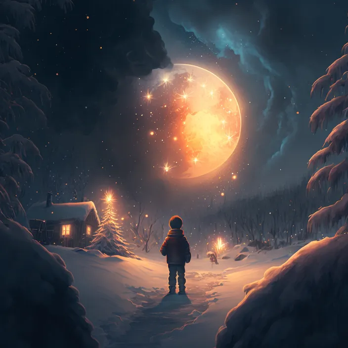 a person standing in the snow looking at a full moon