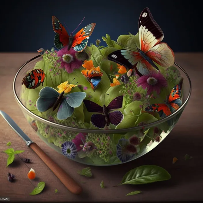 a glass bowl filled with lots of colorful butterflies