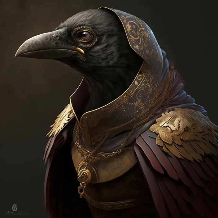 a black bird wearing a gold and red armor