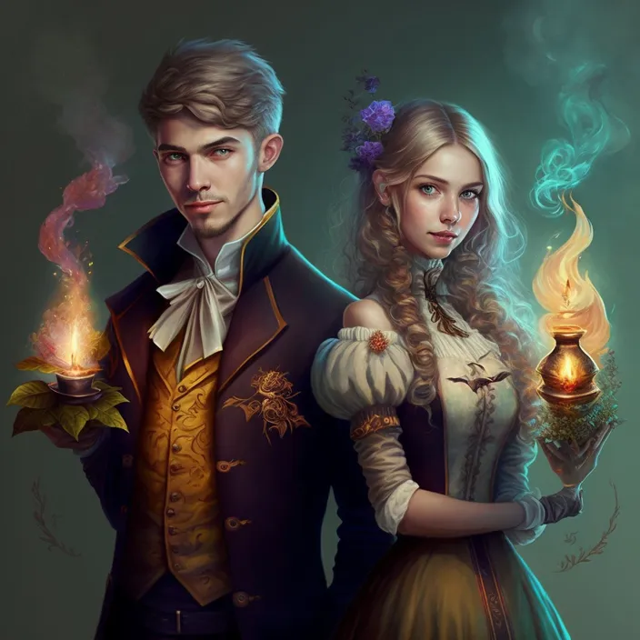 a painting of a man and a woman holding torches