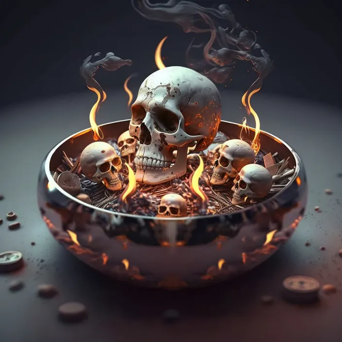 a bowl filled with skulls sitting on top of a table