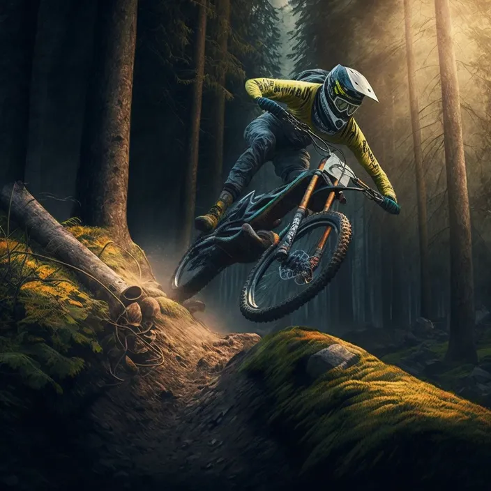 a man riding a dirt bike through a forest