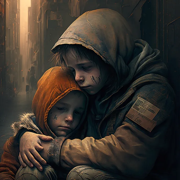 a boy and a girl hugging in a dark alley