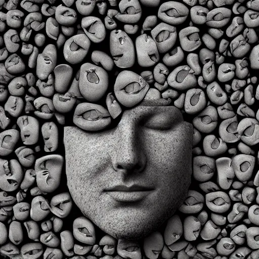 a black and white photo of a face surrounded by rocks