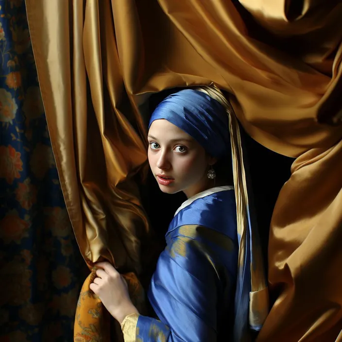 a girl with a pearl earring is looking out of a curtain