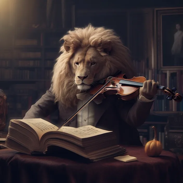 a lion in a suit playing a violin