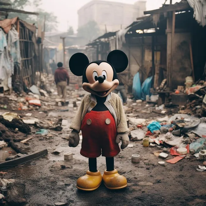 a mickey mouse statue standing in a dirty street