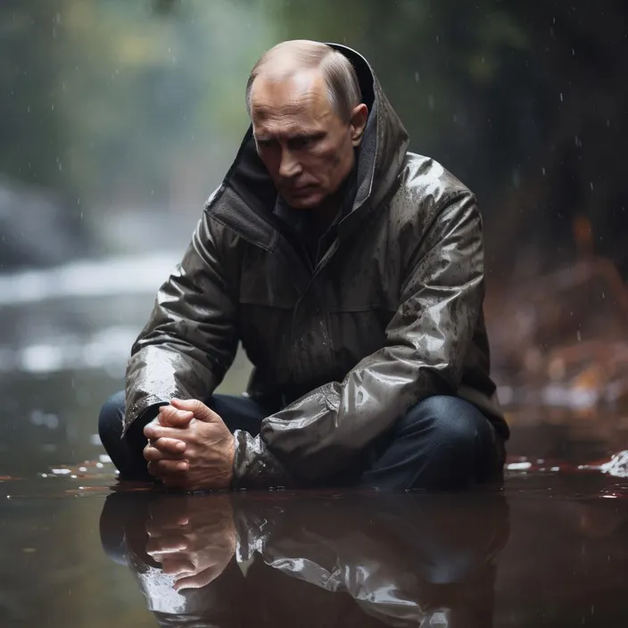 a man sitting on the ground in the rain