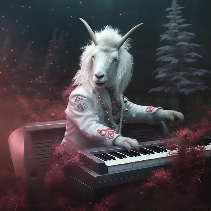 a goat dressed as a man playing a piano