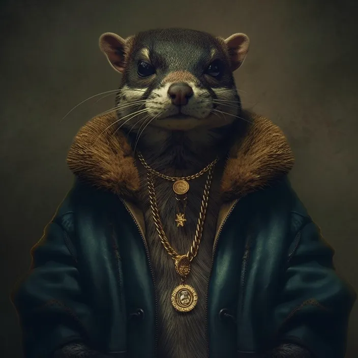 an animal wearing a leather jacket and a necklace