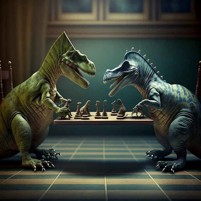 two dinosaurs playing chess in a room