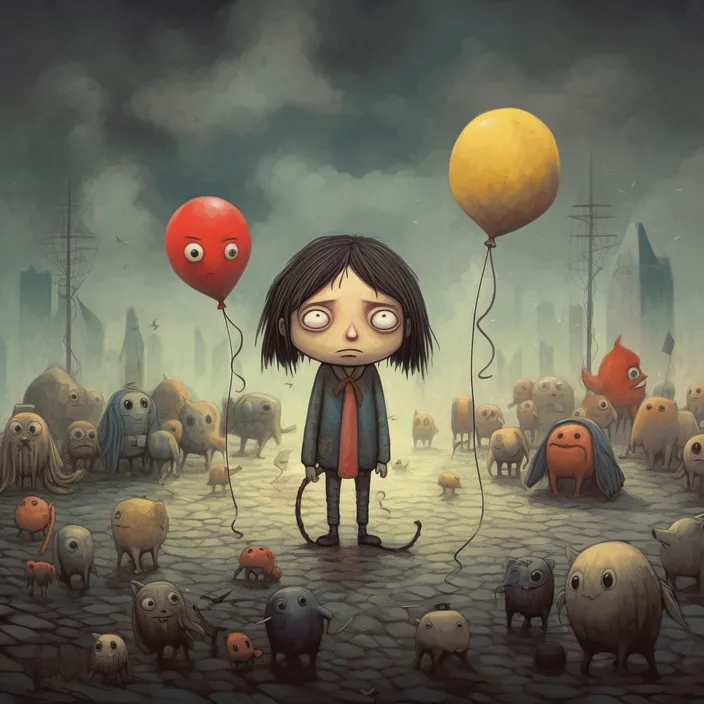 a painting of a girl standing in front of a herd of sheep